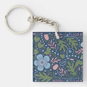 Porte-clés Motif floral d'art folklorique élégant, botanique 