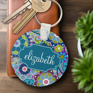 Porte-clés Motif floral funky avec nom personnalisé