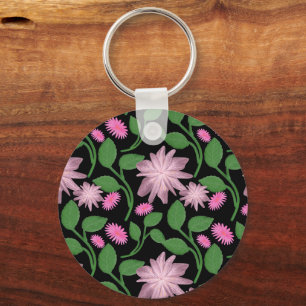 Porte-clés Motif floral rose avec feuilles vertes
