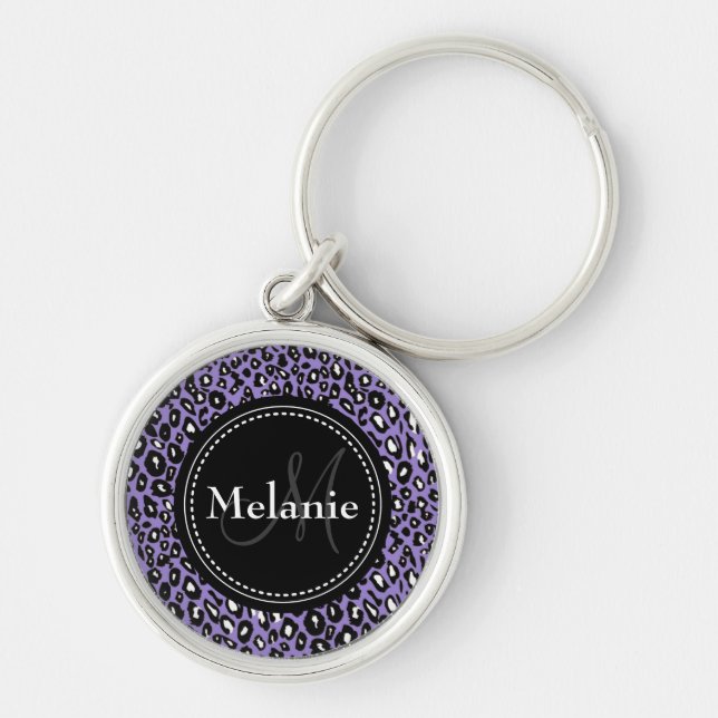 Porte-clés Motif Léopard blanc noir violet monogramme (Devant)