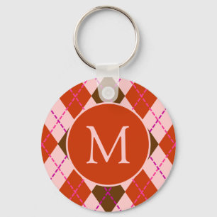 Porte-clés Motif monogramme argyle rouge rose et marron