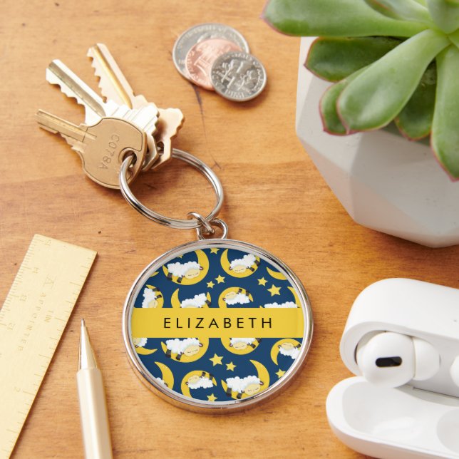 Porte-clés Motif mouton, Mouton dormant, Lune, Votre Nom (Bureau)