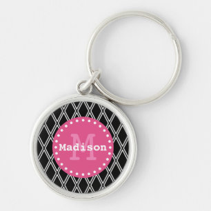 Porte-clés Motif noir blanc rose diamant Monogramme
