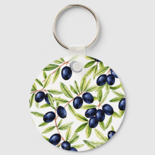 Porte-clés Motif sans couture d'olives noires à l'aquarelle é