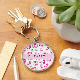 Porte-clés Motif tropical, Flamants roses, Fleurs, Votre Nom