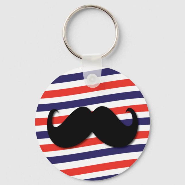 Porte-clés Moustache à rayures rouge, blanche et bleue (Recto)