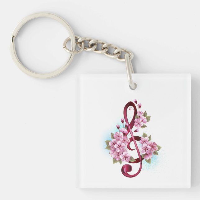 Porte-clés Musical treble clef notes with sakura flowers (Devant)