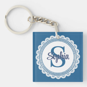 Porte-clés Navy Blue Élégant Blanc Broderie Monogramme Nom