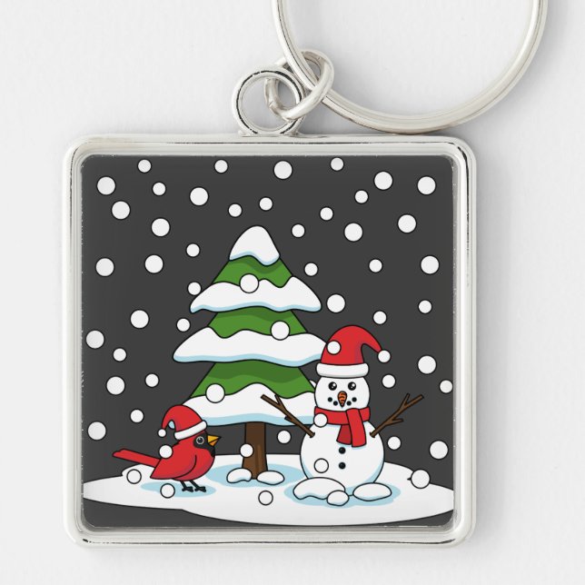 Porte-clés Neige tombant sur Cardinal, Snowman et Pine Tree (Devant)