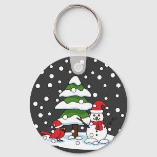 Porte-clés Neige tombant sur Cardinal, Snowman et Pine Tree