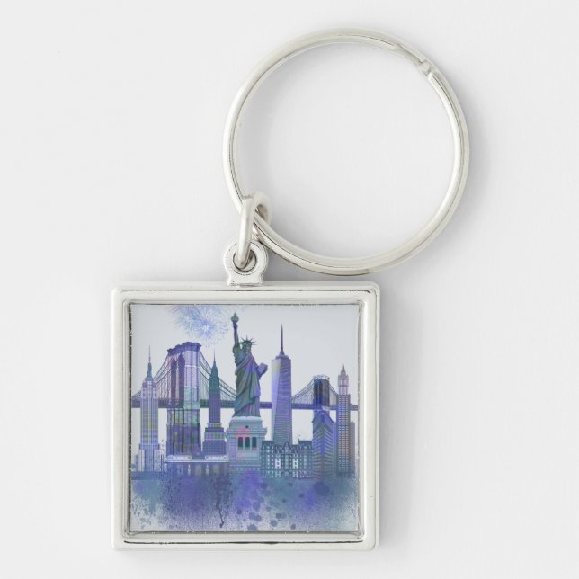 Porte-clés New York Skyline - Aquarelle bleue (Devant)