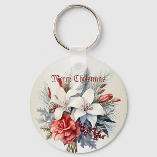 Porte-clés Noël Blanc Fleurs Rouges Vacances Élégant