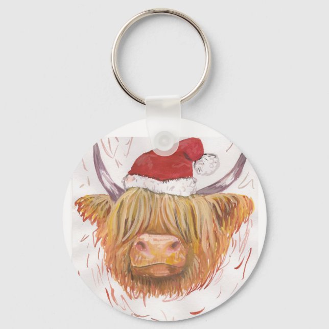 Porte-clés noël coo vache Highland avec Casquette de Noël (Recto)