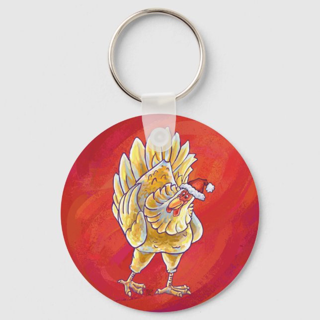 Porte-clés Noël Du Poulet Sur Rouge (Recto)