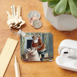 Porte-clés Noël vintage, Saint Nicolas près de la cheminée