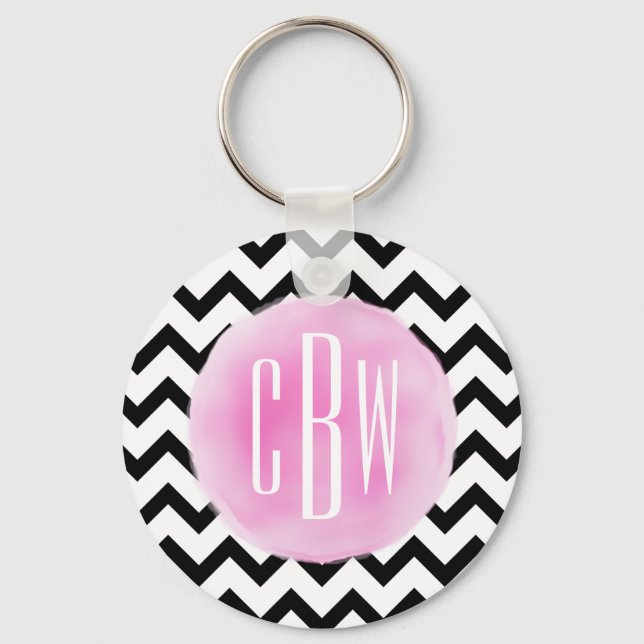 Porte-clés Noir + Blanc Chevron Aquarelle Monogramme (Recto)