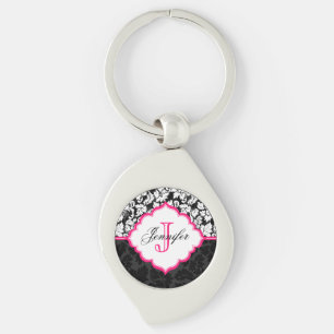 Porte-clés Noir blanc et rose Vintage Damas florales