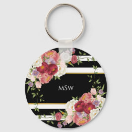 Porte-clés Noir Blanc rayé Peonies & Or Personnalisé