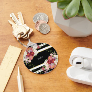 Porte-clés Noir Blanc rayé Peonies & Or Personnalisé