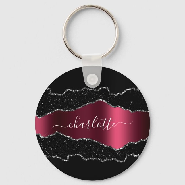 Porte-clés Noir bordeaux agate marbre nom script (Recto)