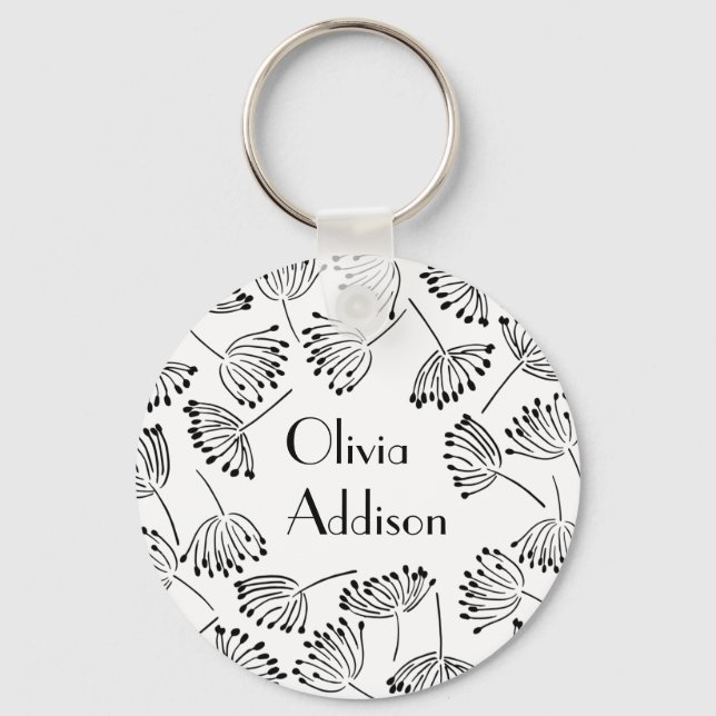 Porte-clés Noir et blanc Nom moderne Floral Dandelion (Recto)