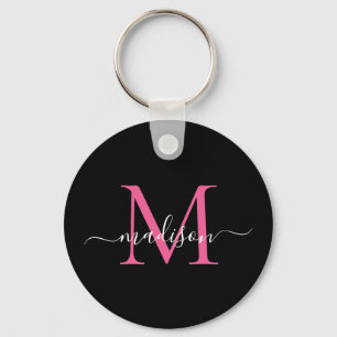 Porte-clés Noir Magenta rose Nom Monogramme Élégant Script