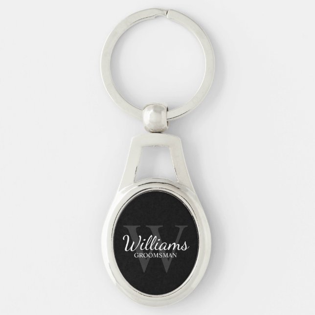 Porte-clés Noir Personnalisé Script Groomsmen Nom&Monogramme (Devant)