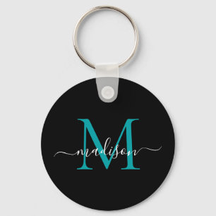 Porte-clés Noir Turquoise Nom Monogramme Élégant Script moder