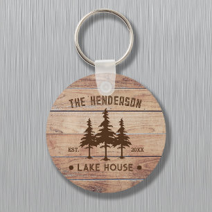 Porte-clés Nom de famille Lake House Pine Tree bois Personnal