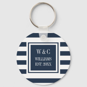 Porte-clés Nom de famille Monogramme Marine Bleu Bleu Blancs