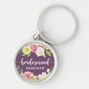 Porte-clés Nom de la servante de Bridesmaid Aquarelle violett