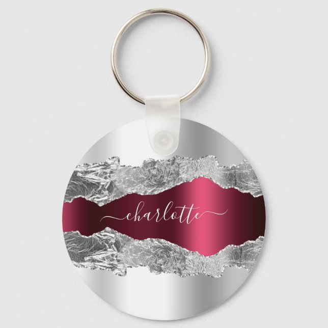 Porte-clés Nom de marbre argenté bordeaux (Recto)