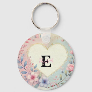 Porte-clés Nom de monogramme Coeurs vintages aquarelle floral