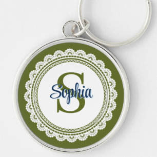 Porte-clés Nom de monogramme élégant en vert olive vintage av
