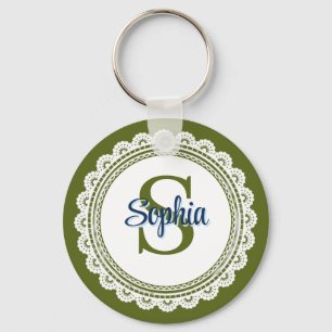 Porte-clés Nom de monogramme élégant en vert olive vintage av