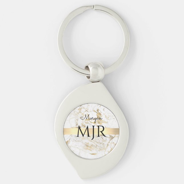Porte-clés Nom de script noir Lg Monogramme, Marbre blanc et  (Devant)