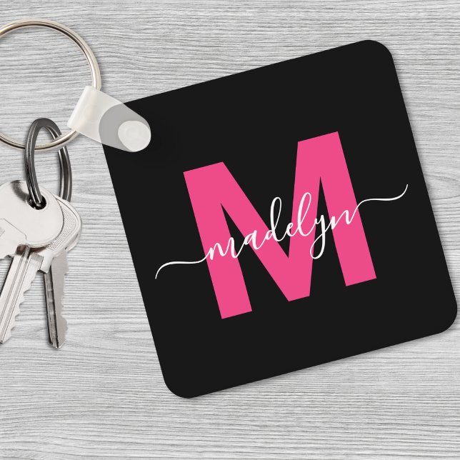 Porte-clés Nom de script noir rose chaud Monogramme (Hot Pink Black Script Name Monogram keychain)