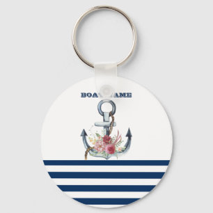 Porte-clés Nom du bateau, fleurs d'ancre bleu marine rayé
