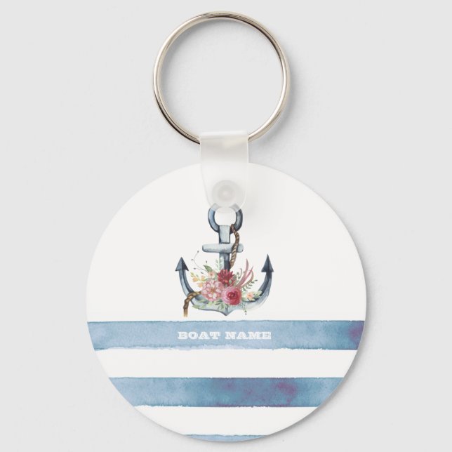 Porte-clés Nom du bateau nautique, Fleurs d'Ancres rayures (Recto)