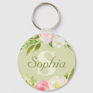 Porte-clés Nom du monogramme Aquarelle rose verte Florale