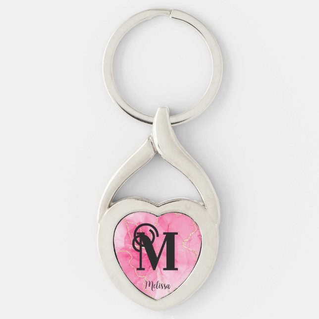 Porte-clés Nom du monogramme en marbre rose (Devant)