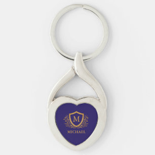Porte-clés Nom du monogramme personnalisé bleu et or de la ma