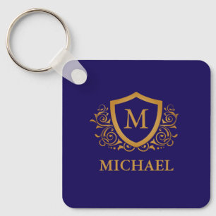 Porte-clés Nom du monogramme personnalisé bleu et or de la ma