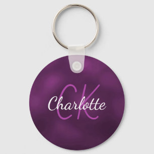 Porte-clés Nom monogramme violet minimaliste élégant