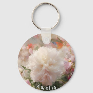 Porte-clés Nom Peinture Aquarelle Pivoines Blanches et Roses