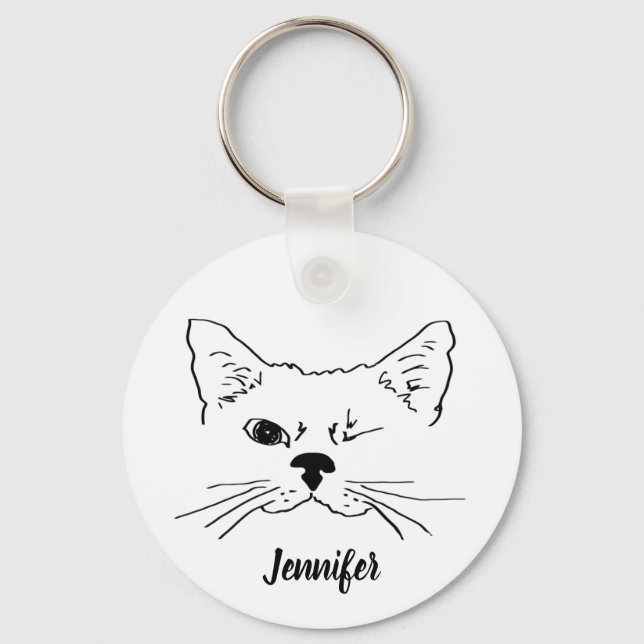 Porte-clés Nom personnalisé avec chat mignonne à winking (Recto)
