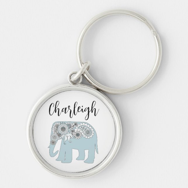 Porte-clés Nom personnalisé Blue Paisley Elephant (Devant)