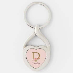 Porte-clés Nom personnalisé Blush Roses Rose lettre D en feui