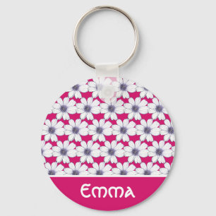 Porte-clés Nom personnalisé Bouton motif de fleur rose Bouton