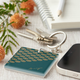 Porte-clés Nom personnalisé floral brun sur vert pin